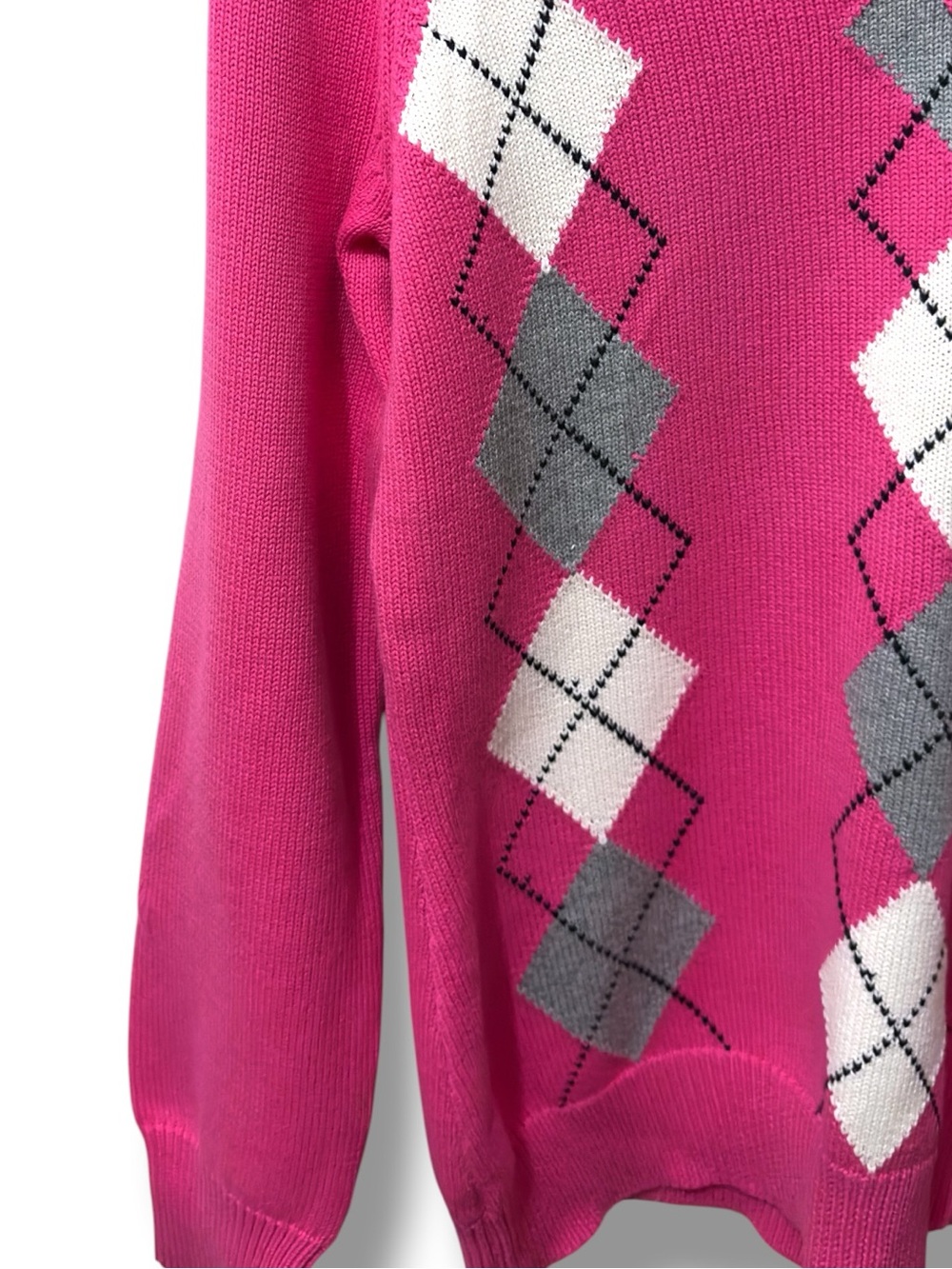 IZOD Golf | VTG Y2K 100% Cotton Women's Hot Pink White Argyle V-Neck Sweater(M) - Picture 5 of 14